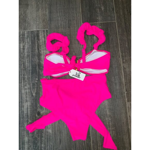 Hot Pink Ruffle Bikini Set With High Waist & Tie Details - Size Large - Picture 3 of 3